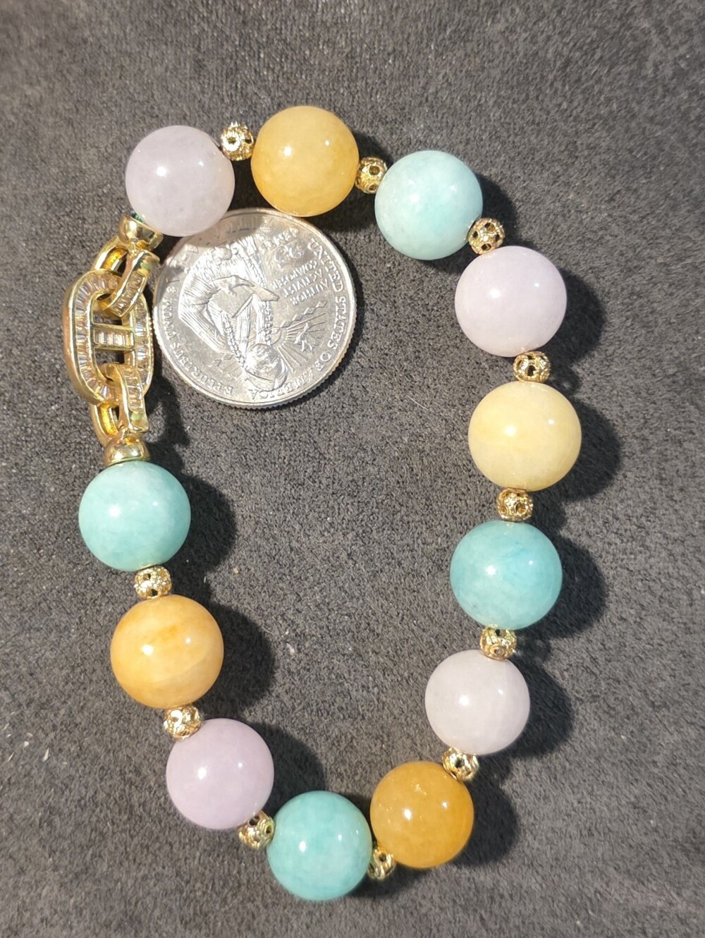 Gold-Tone Multicolor Jade Bracelet with Crystal Link